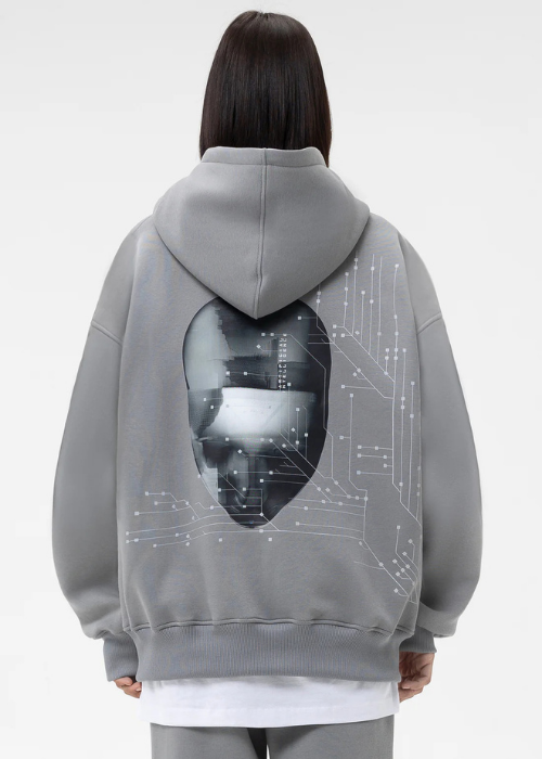 Oversize hoodie with ARTIFICIAL INTELLIGENCE print - Gray